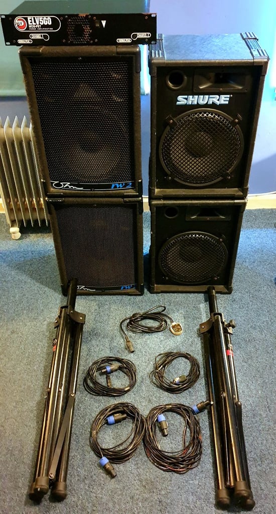image for 500 Watt PA System with amp, 4 speakers, 2 speaker stands & cables