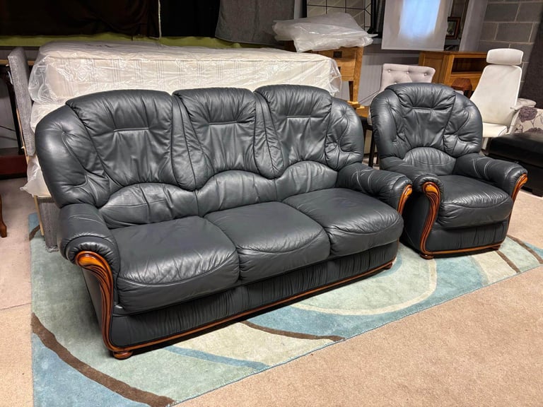 Blue Italian Leather 3 Seater Sofa and Chair excellent condition 