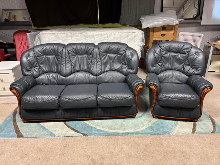 Blue Italian Leather 3 Seater Sofa and Chair excellent condition 