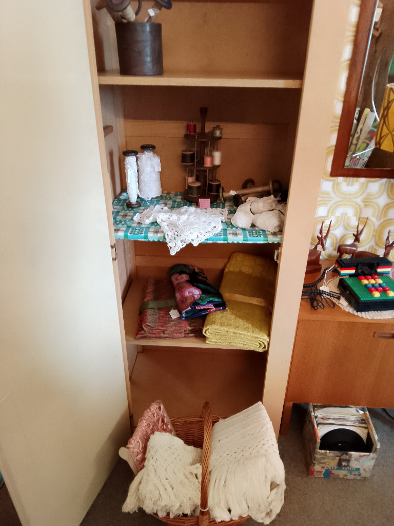 Vintage Pantry Cupboard. Could be used as a linen/haberdashery cupboard. Tan/caramel in colour.
