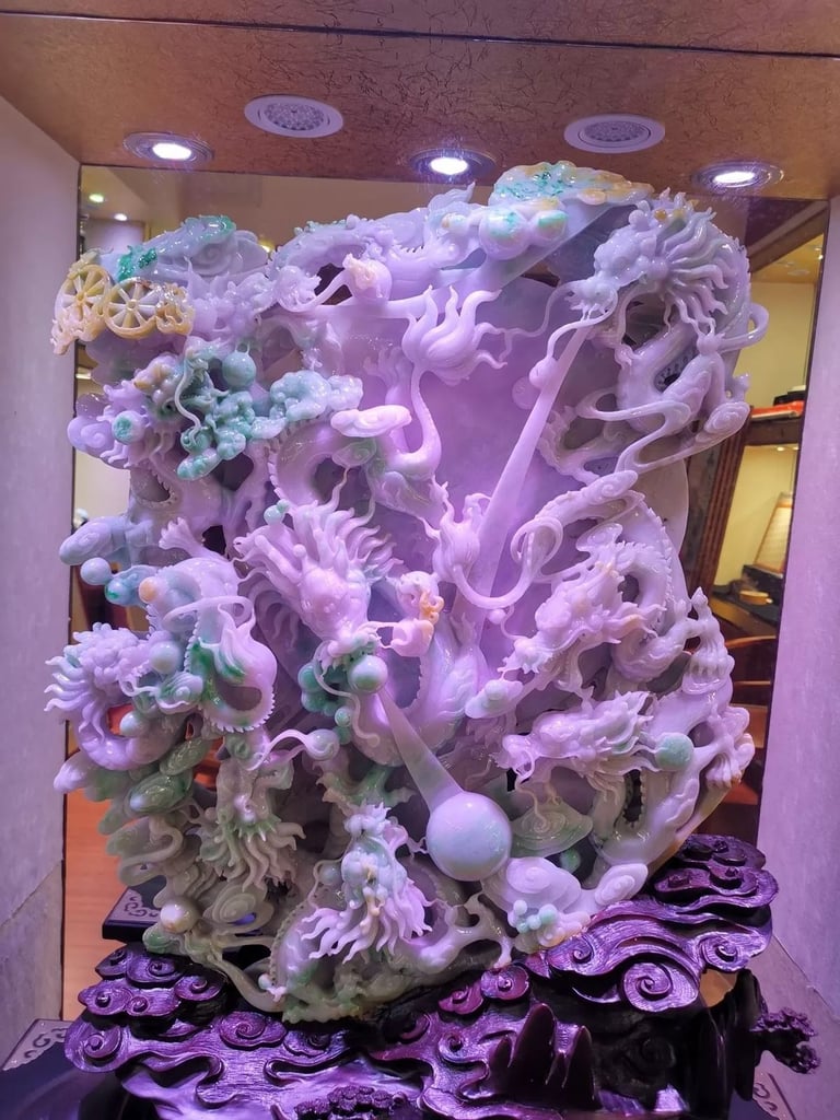 Chinese Exquisite Handmade Dragon carving Jadeite Jade Statue