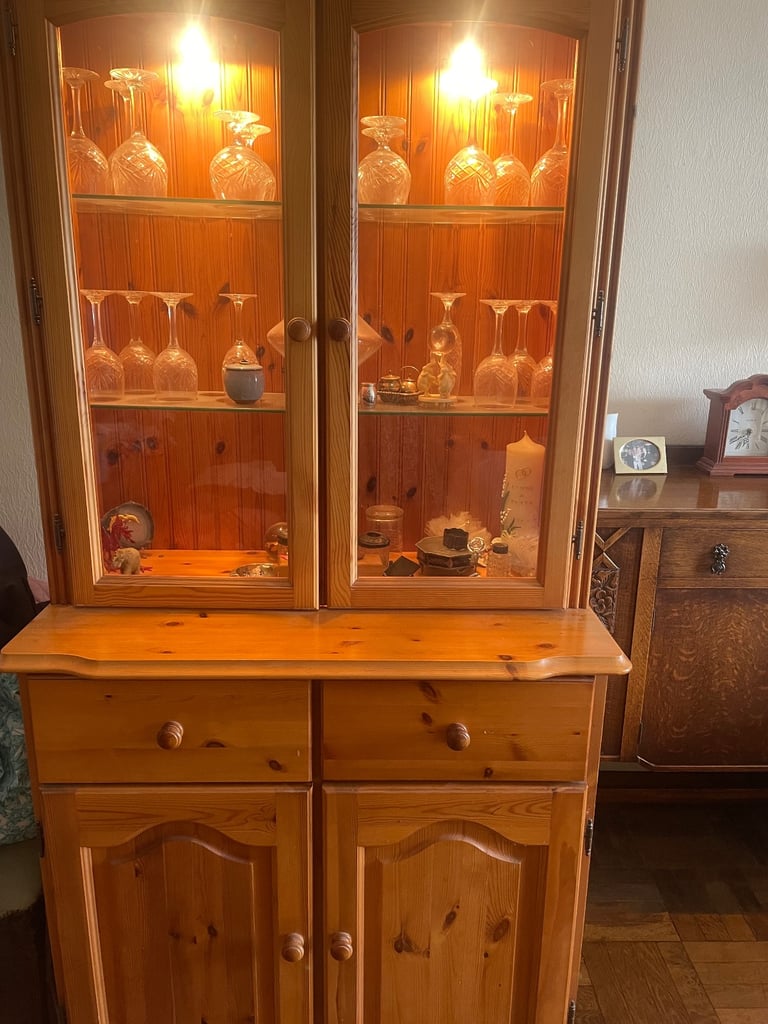 solid pine vintage 2 drawer and door dresser with a glass display unit with lights