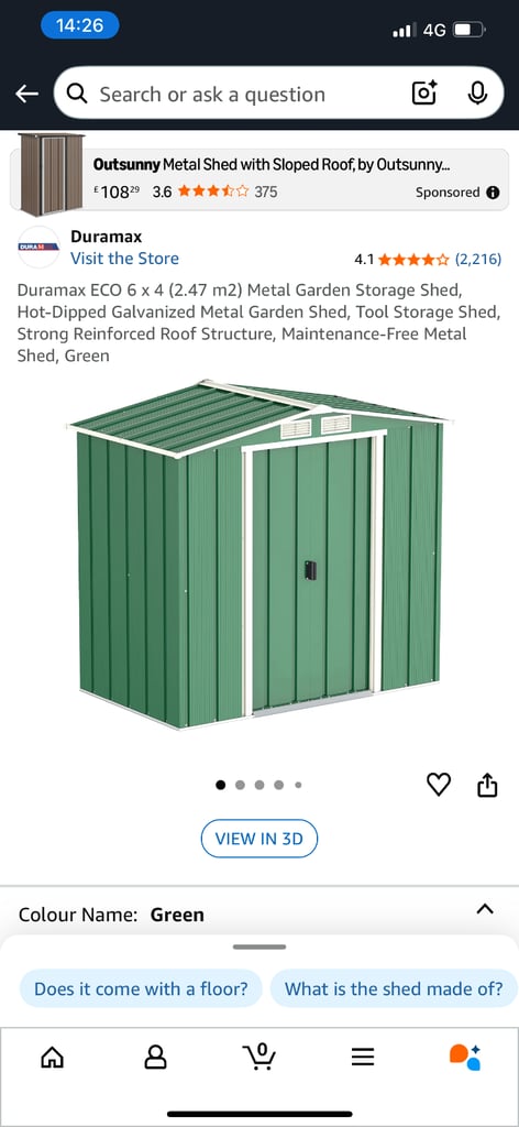 image for Duramax ECO 6x4 Metal Garden Shed – Green (like new/disemboed) 