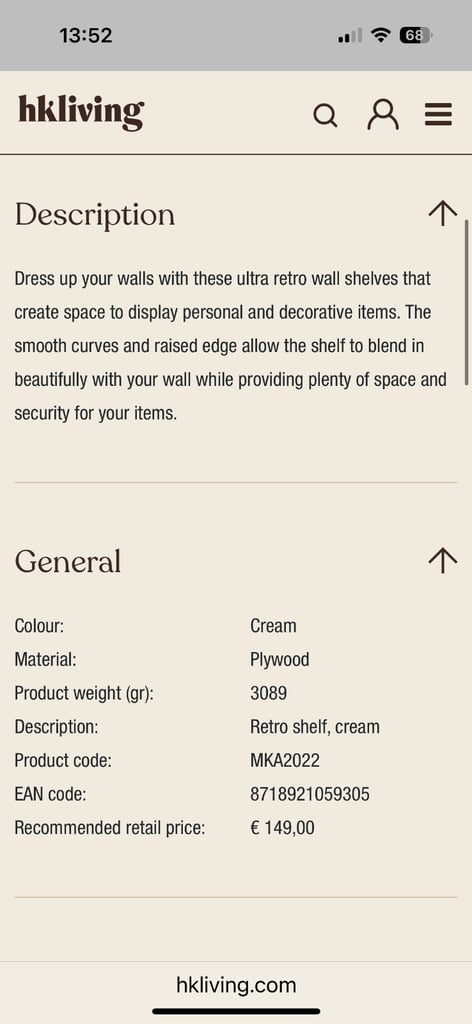 HK Living Retro Shelf in Cream