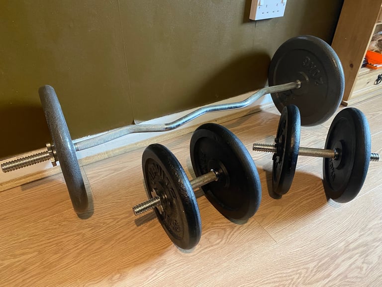 Curl bar,dumbbell,80kg weights and grip accessories w/ loading pins 