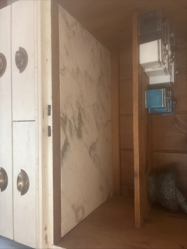 Hand built pine larder cupboard with marble shelf and basket drawers