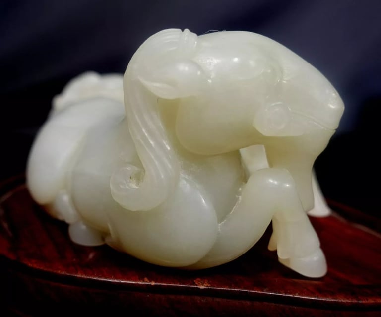 Antique Large & Heavy Chinese Hetain White/G Jade Carved Group "3 Rams" 19th C
