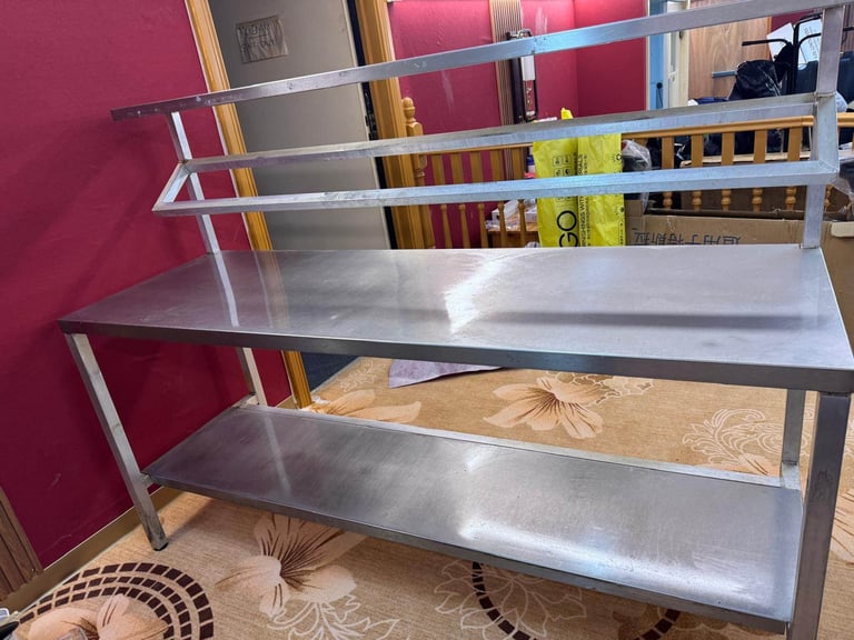 image for Brushed stainless steel food preparation table work bench with under shelf and single shelf on top 