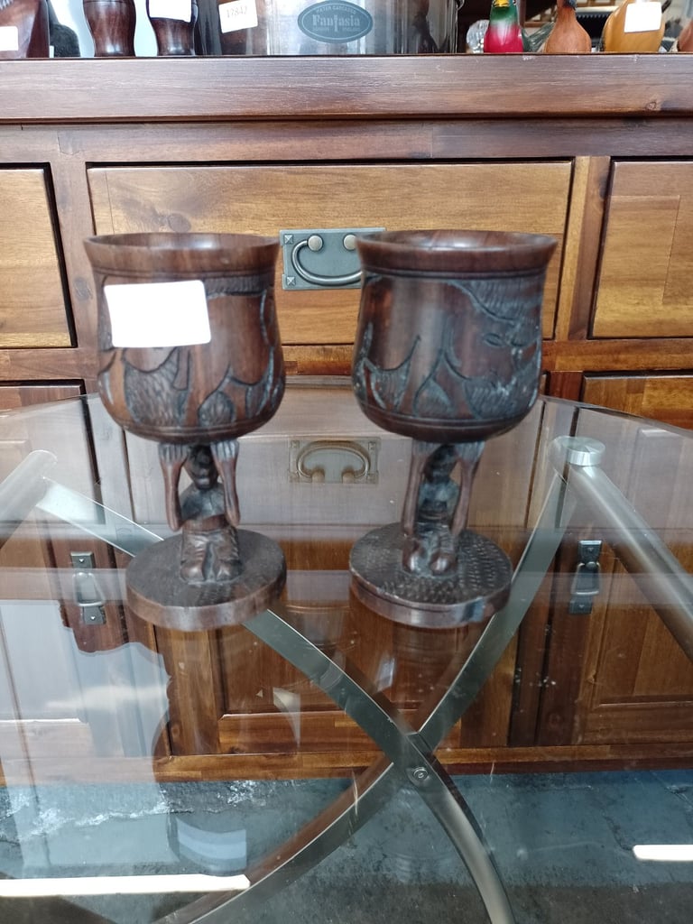 Pair of vintage hand carved wooden goblet, ref:18440 £20.00