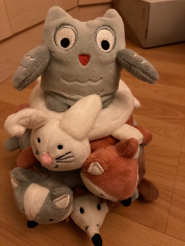 Selection of soft toys inc Peter rabbit bunny, giraffe, Winnie the Pooh and animal stacking ring