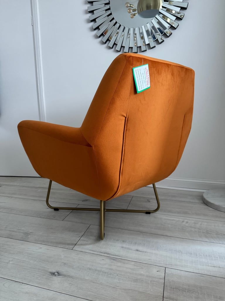 Plush Velvet Dark Blue Pillow Back 3 Seater Sofa, Large Dark Blue Footstool and Orange Accent Chair