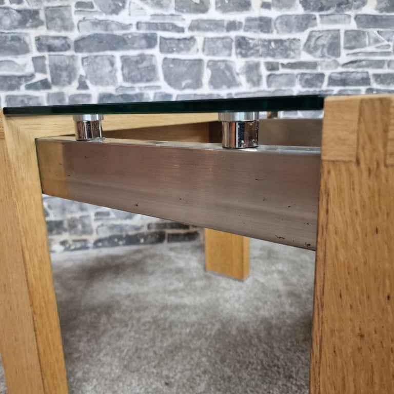 Modern Oak & Glass Side Table with Brushed Steel Detail