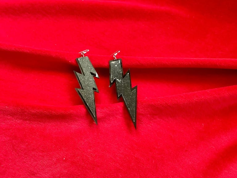 Black Glitter Lightning Bolt Statement Earrings
