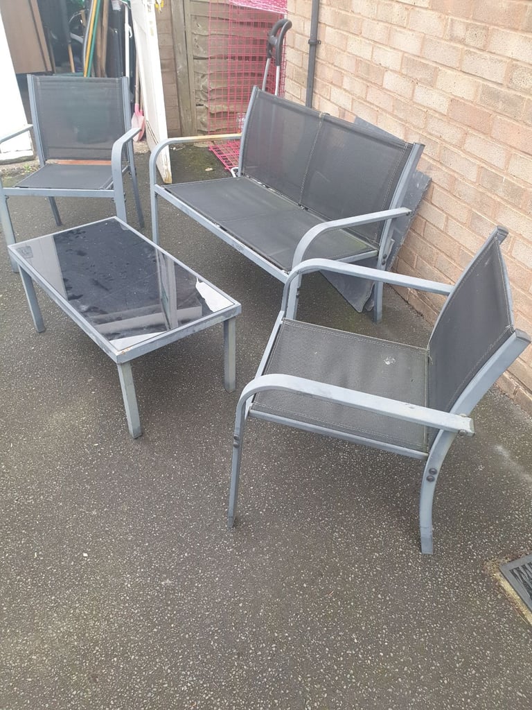 image for Metal Garden Furniture Set - Bench, 2 Chairs ,Glass Top Table & Rattan Chair , Good Condition.