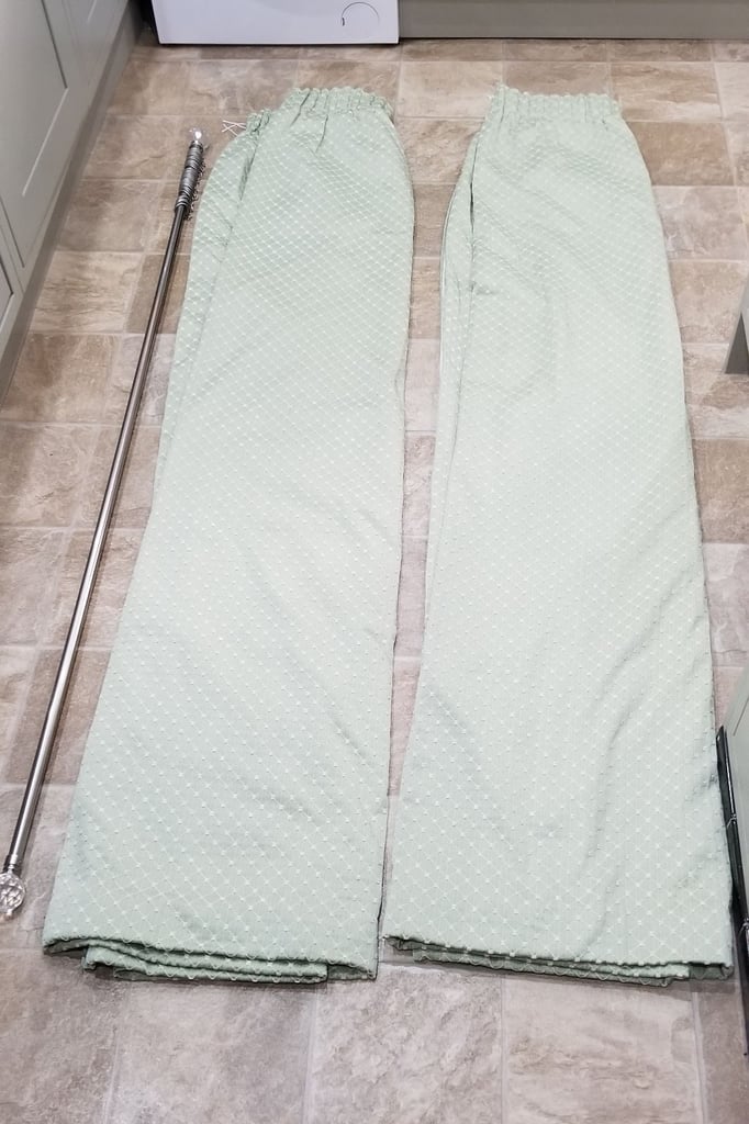 image for Dunhelm long green curtains & pole with crystal finials.