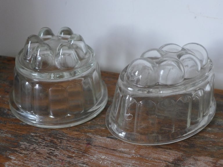 Collectable Kitchenalia: 8 Vintage Antique Glass Jelly Moulds. Blancmange Moulds.