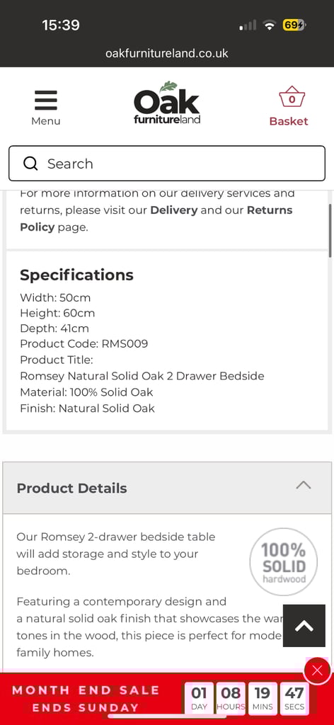 Romsey bedside cabinet from Oak furniture land RRP £229