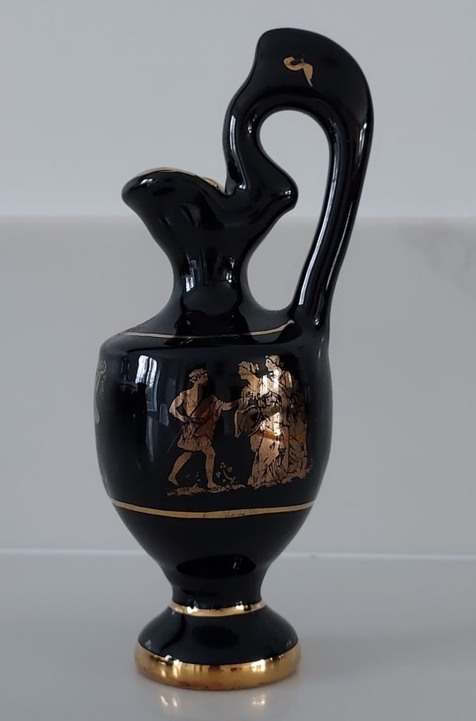 Greek Jug Urn with Tall Handle - Black with 24k Gold Handpainted Decoration