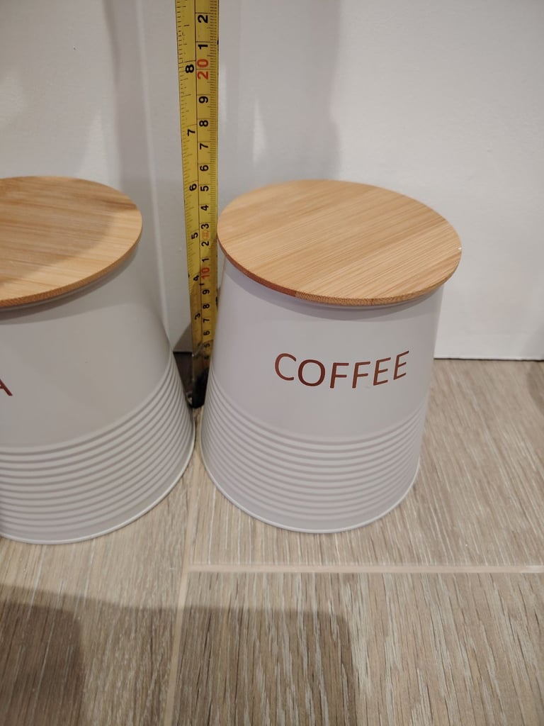 2 Piece Stackable Canister Set Wooden Lid Storage Pot Tea Coffee Jar Food Container