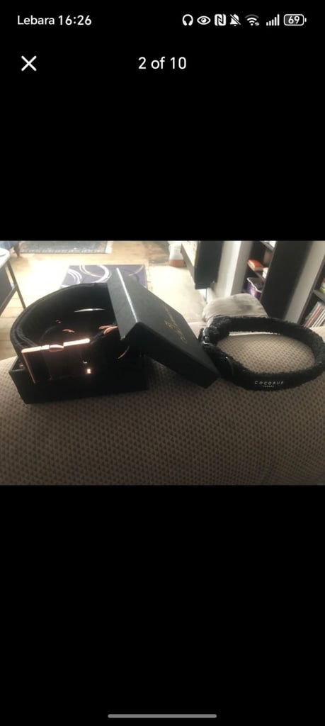 image for Matching medium dog collar with lead metal rose gold & black boucle designer collar