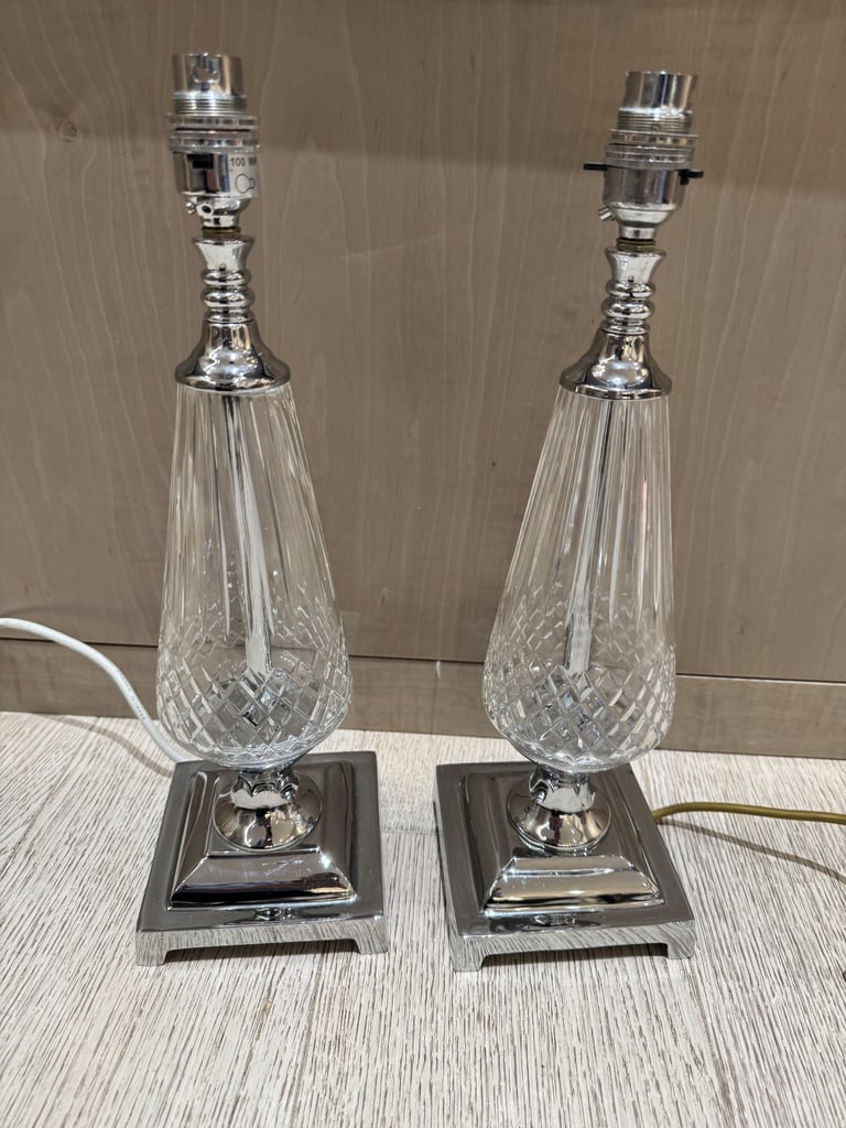 Pair of cut crystal & stainless steel table lamps (no shades)