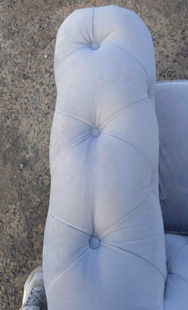 Beautiful Grey Velvet 3 Seater, 2 Single Chairs and Matching Footstool Sofa Set