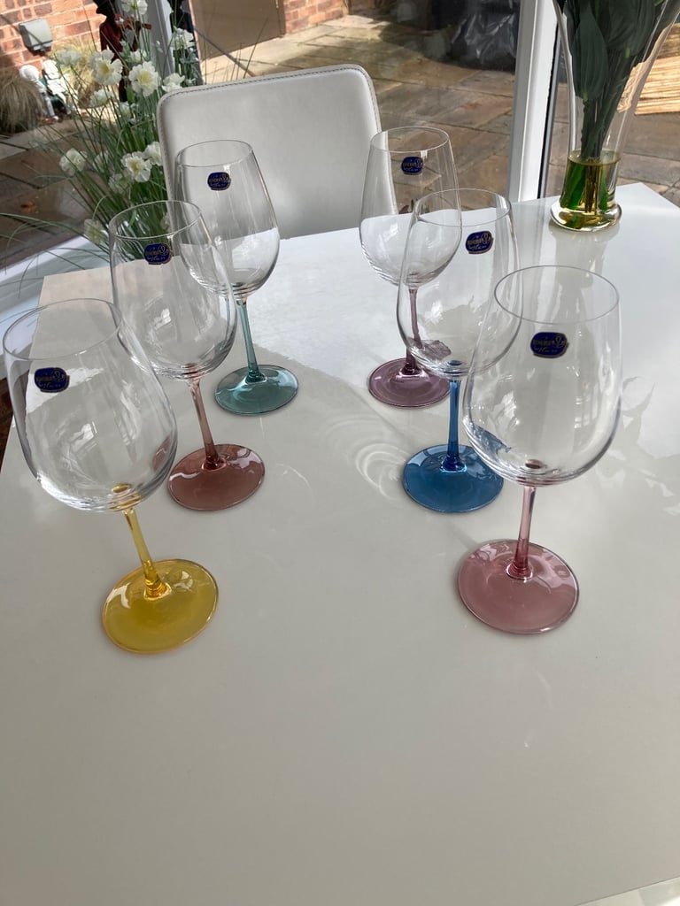 6 Bohemian Crystal Glass Coloured Stem Wine Glasses