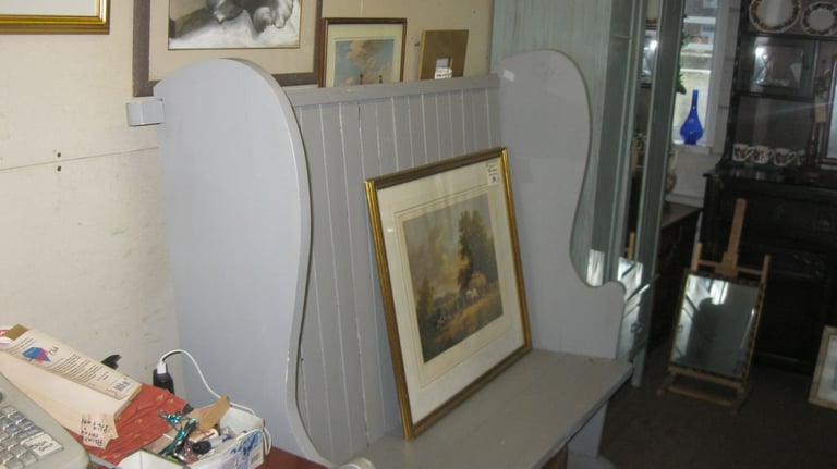 VINTAGE GREY PAINTED LARGE SETTLE ~ PEW. 3 SEATER. VERSATILE LOCATION. DELIVERY AVAILABLE