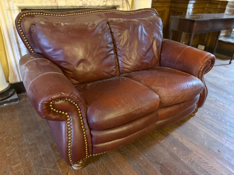 Vintage Dark Red Leather Chesterfield-Style Sofa