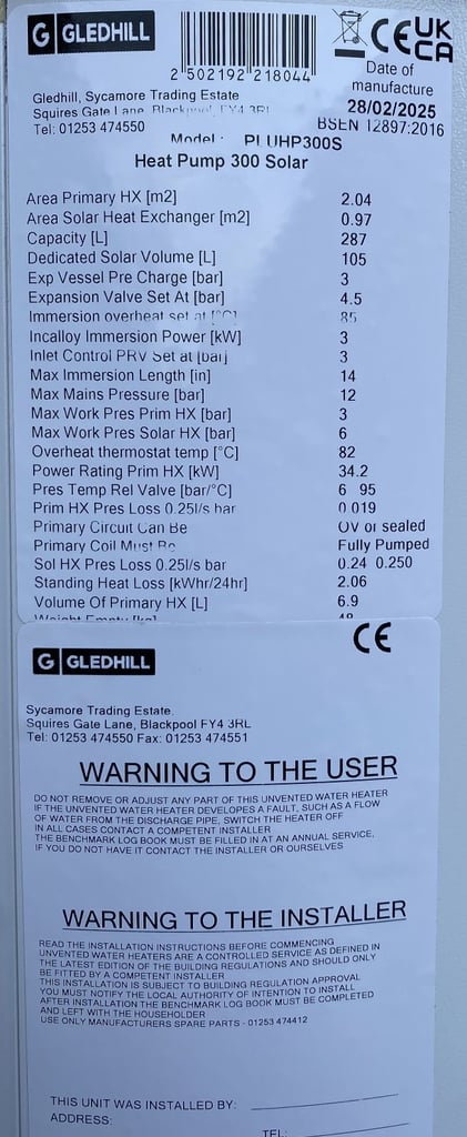 GLEDHILL 300L HOT WATER CYLINDER PLUHP300S STAINLESS LITE PLUS SOLAR HEAT PUMP