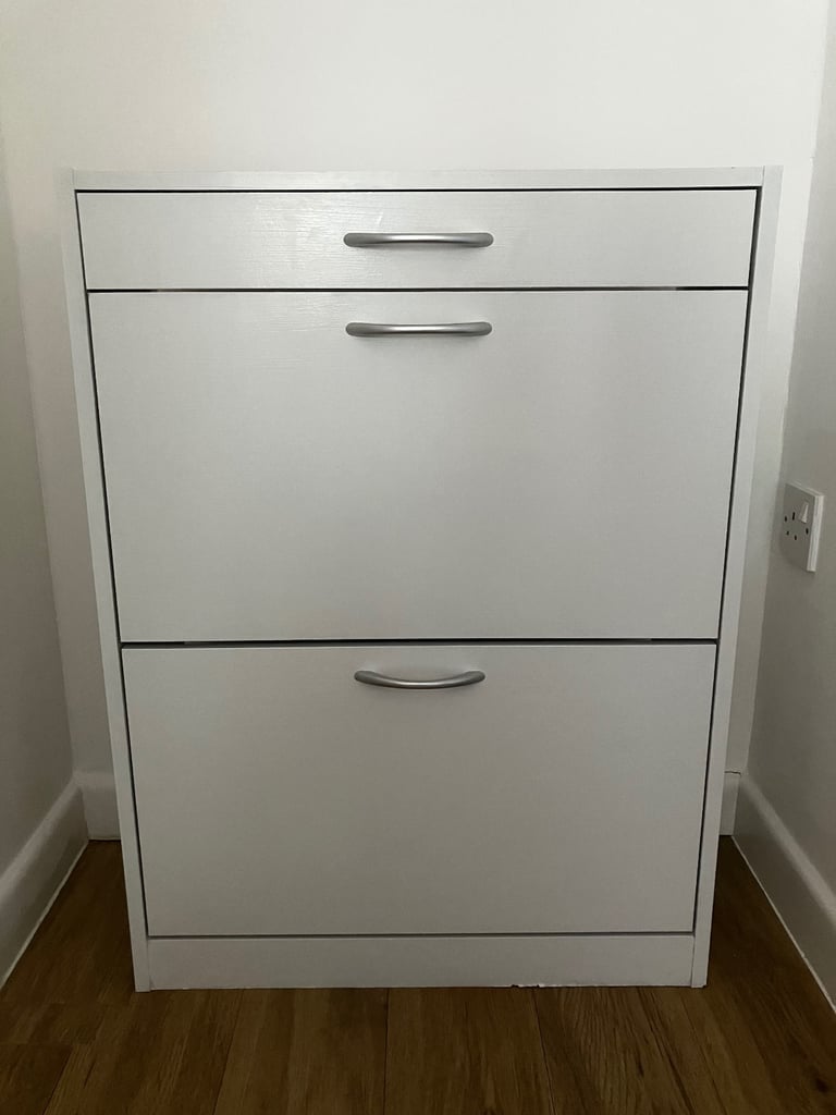 image for White shoe cabinet with drawer and silver handles