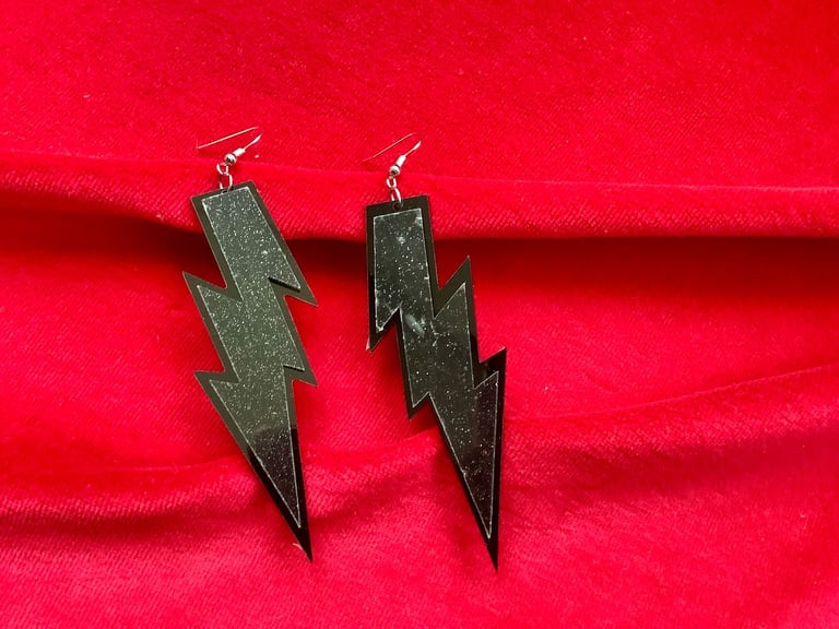image for Black Glitter Lightning Bolt Statement Earrings