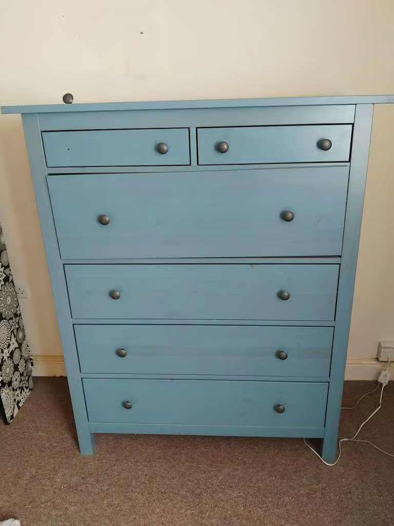 image for A Very Large, Tall and Heavy, Light Blue Wooden Chest of 6 Drawers, for Bedroom or Other Rooms
