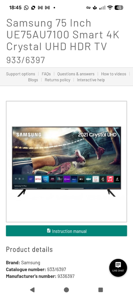 Samsung UE75AU7100 75” 4K UHD Smart TV