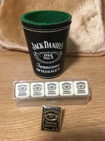 Jack Daniels Poker Dice, Rare Black Leather shaker & Enamel Pin Badge.