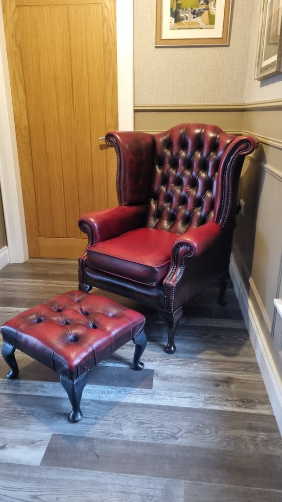 image for Excellent Oxblood Red Wingback Chesterfield Chair & Matching Footstool 