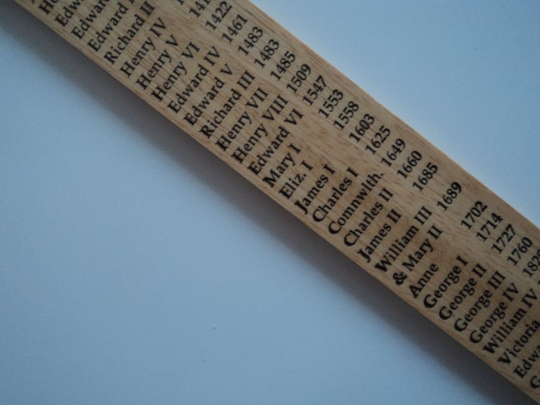 image for Brand new unused wooden ruler, listing chronological dates of Kings and Queens of England.