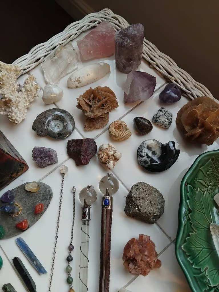 A Large Amount of Crystals, Some Natural, and Tumblestones, 2 Crystal Wands, and 2 Crystal Pendulums