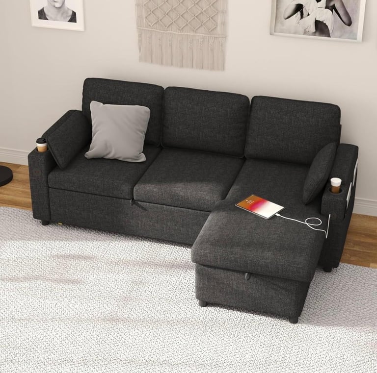 All-in-One Sofa Bed with USB, Cupholders, Ottoman & Storage Armrests.
