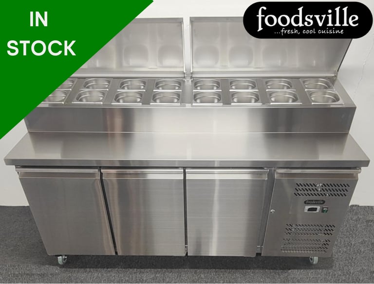 NEW Foodsville 1795mm 3 Door Prep Counter Fridge, On Wheels - PAY OVER 9 MONTHS OR 20% OFF!