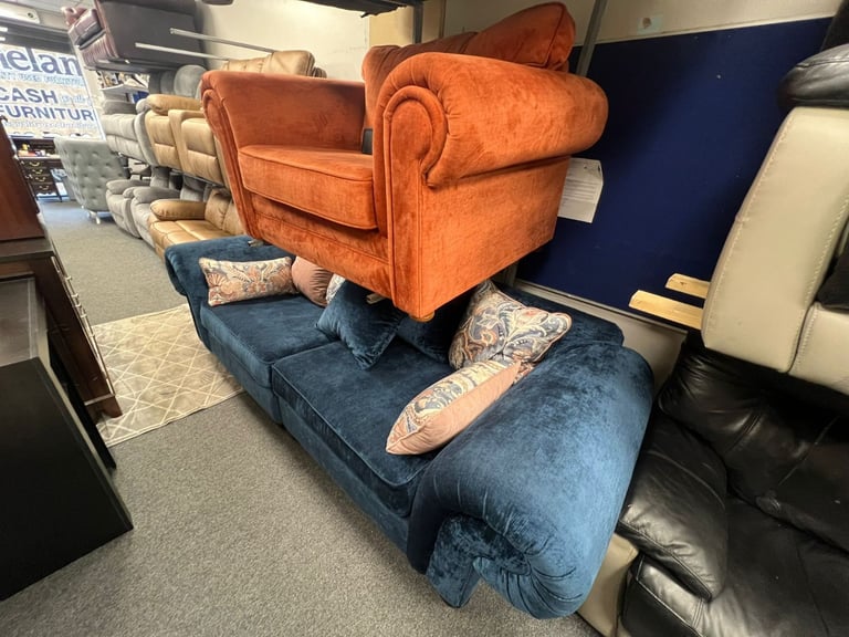 Big 2 seater and chairs and a half in a velvet fabric new condition £599