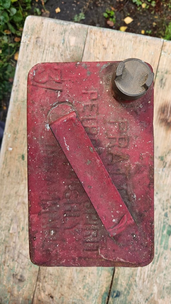 Vintage Pratts Perfection Spirit petrol can Circa 1930's and Bell Fuel can