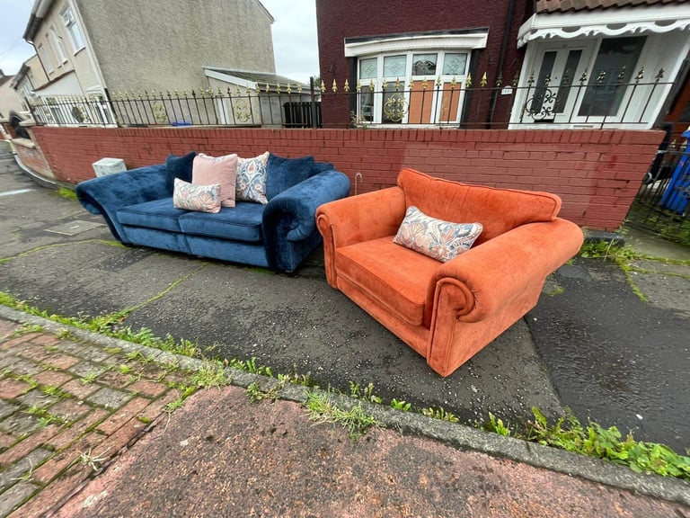 Big 2 seater and chairs and a half in a velvet fabric new condition £599