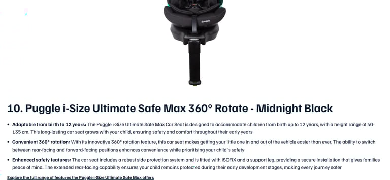 Puggle i-Size Ultimate Safe Max 360° Rotate Car Seat Group 0+/1/2/3 (0-12 Years)