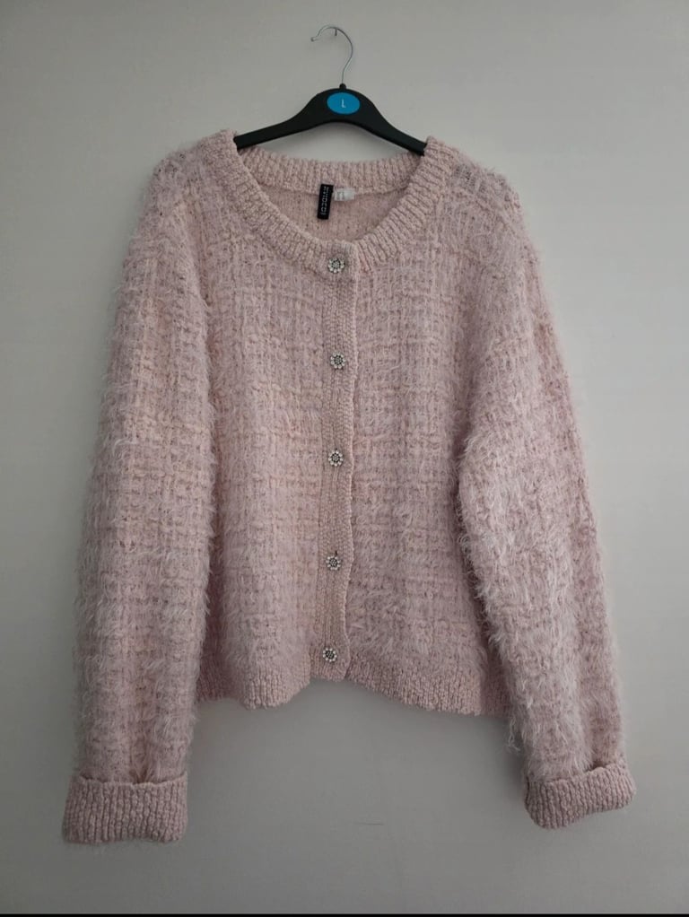 image for H&M Divided Pink Fluffy Knitted Cardigan With Rhinestone Buttons