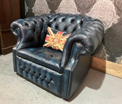 MINT RARE Chesterfield Club Chair Blue Leather Button Seat Delivery