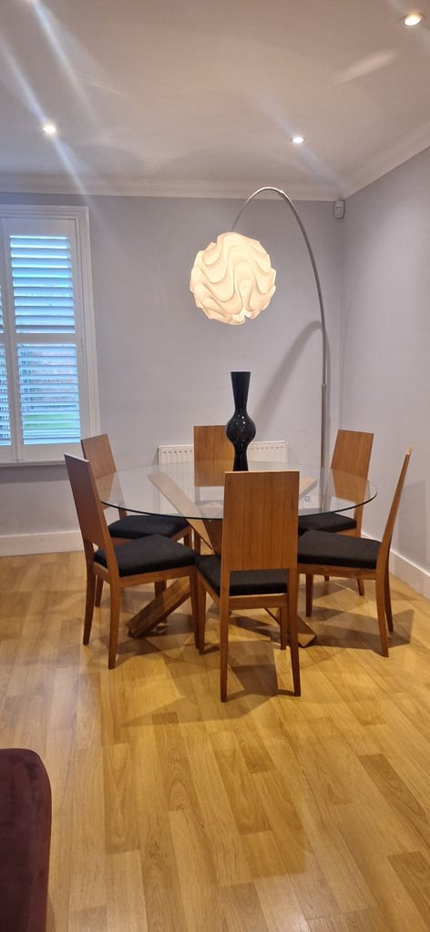 image for Round Solid Oak Table with glass top & 6 chairs for sale in Ealing