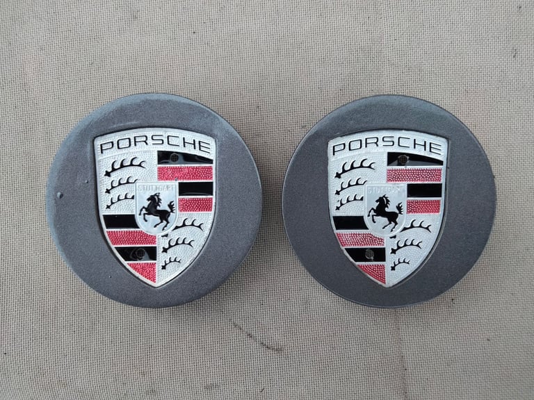image for Porsche centre hub wheel caps gloss grey with gold crest X2