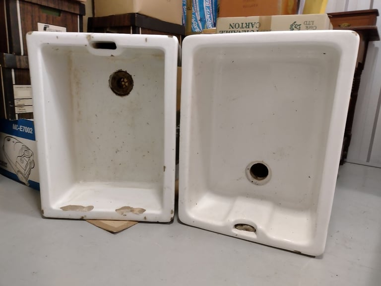 Belfast sinks, two, suitable for garden use, white ceramic