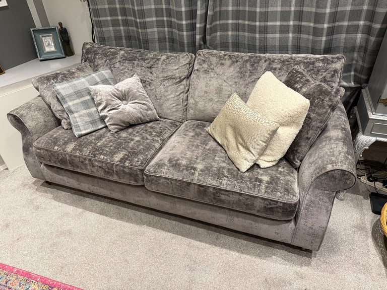X2 crushed velvet style grey sofas